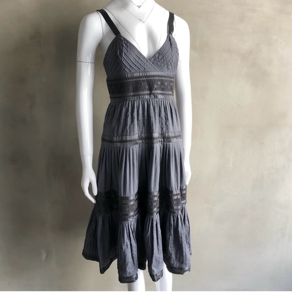 CATHERINE MALANDRINO Party Boho Resort Silk Grey Lace Pintuck Full Skirt Dress 4